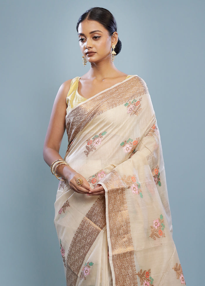 Cream Dupion Pure Silk Saree With Blouse Piece - Indian Silk House Agencies