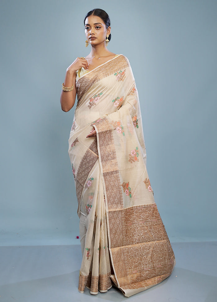 Cream Dupion Pure Silk Saree With Blouse Piece - Indian Silk House Agencies