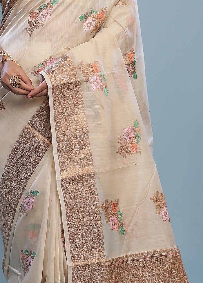 Cream Dupion Pure Silk Saree With Blouse Piece - Indian Silk House Agencies