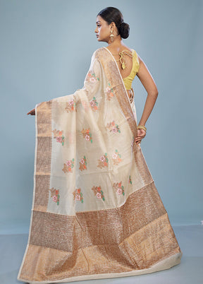 Cream Dupion Pure Silk Saree With Blouse Piece - Indian Silk House Agencies