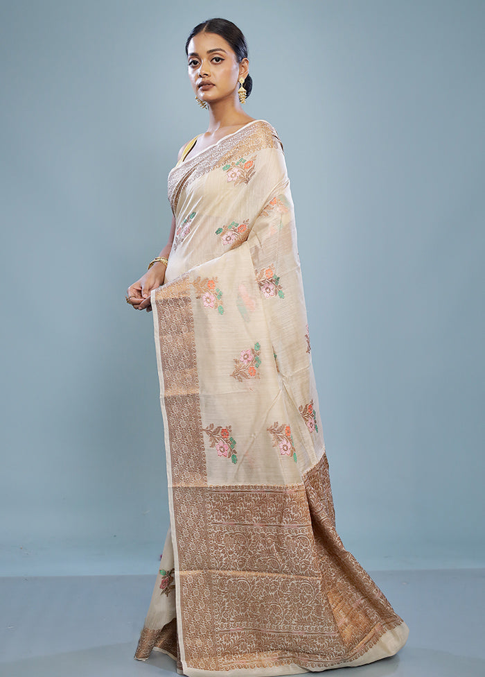 Cream Dupion Pure Silk Saree With Blouse Piece - Indian Silk House Agencies