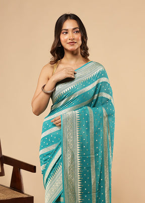 Blue Garad Pure Silk Saree Without Blouse Piece