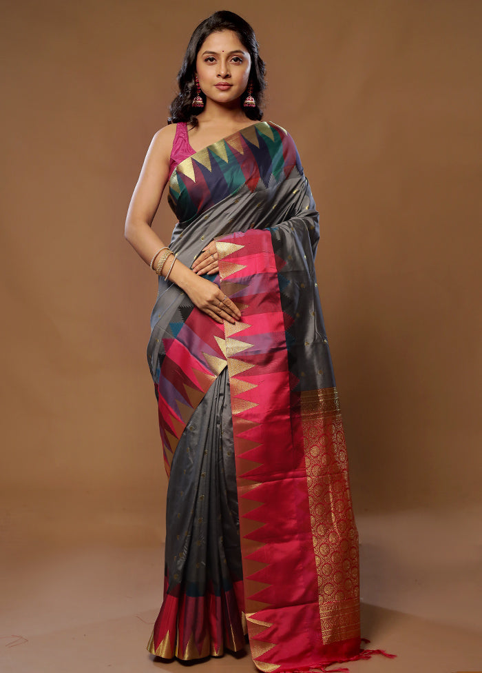 Grey Kanjivaram Silk Saree With Blouse Piece - Indian Silk House Agencies