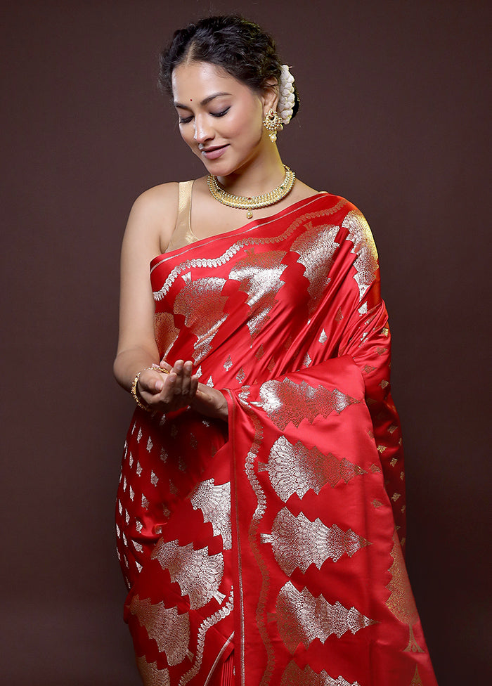 Red Banarasi Silk Saree With Blouse Piece