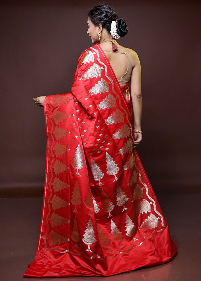 Red Banarasi Silk Saree With Blouse Piece