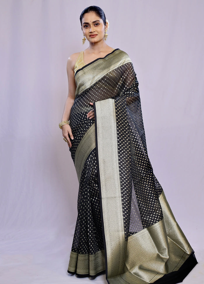 Black Kora Silk Saree With Blouse Piece - Indian Silk House Agencies