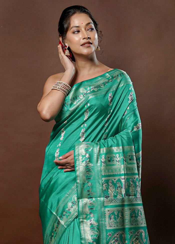 Green Handloom Baluchari Pure Silk Saree With Blouse Piece