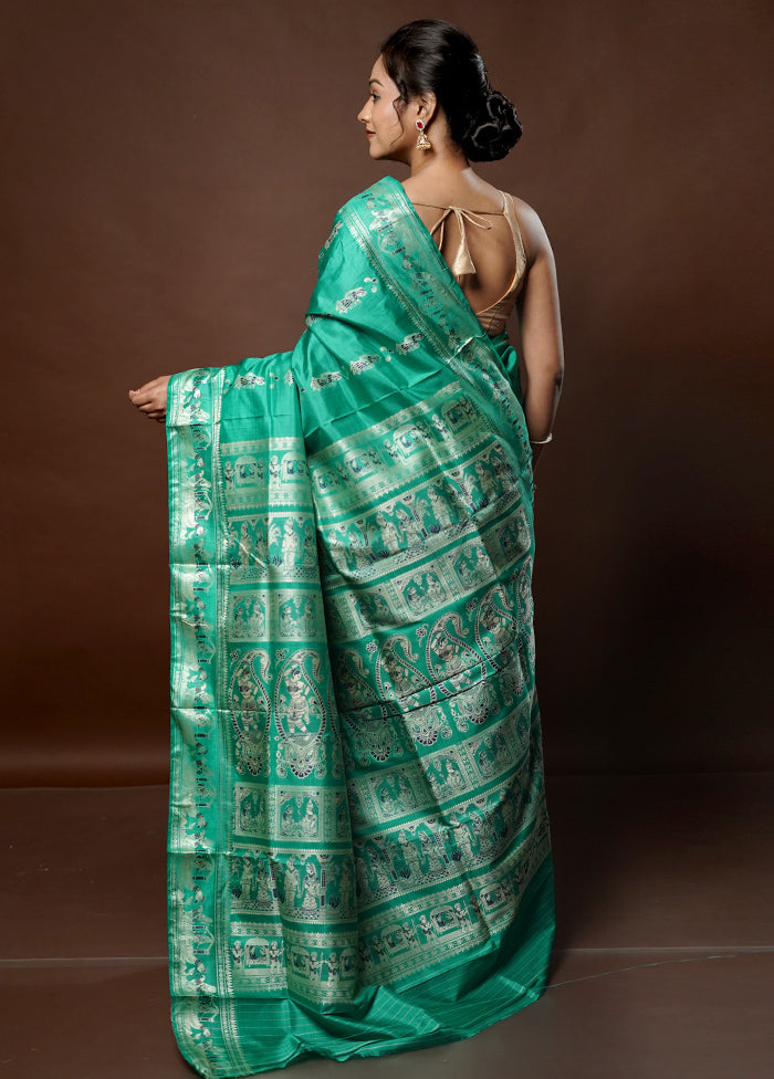 Green Handloom Baluchari Pure Silk Saree With Blouse Piece