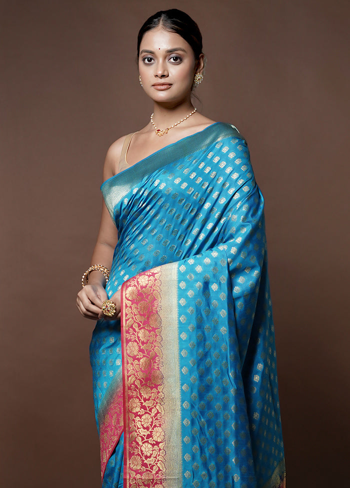 Blue Dupion Silk Saree With Blouse Piece