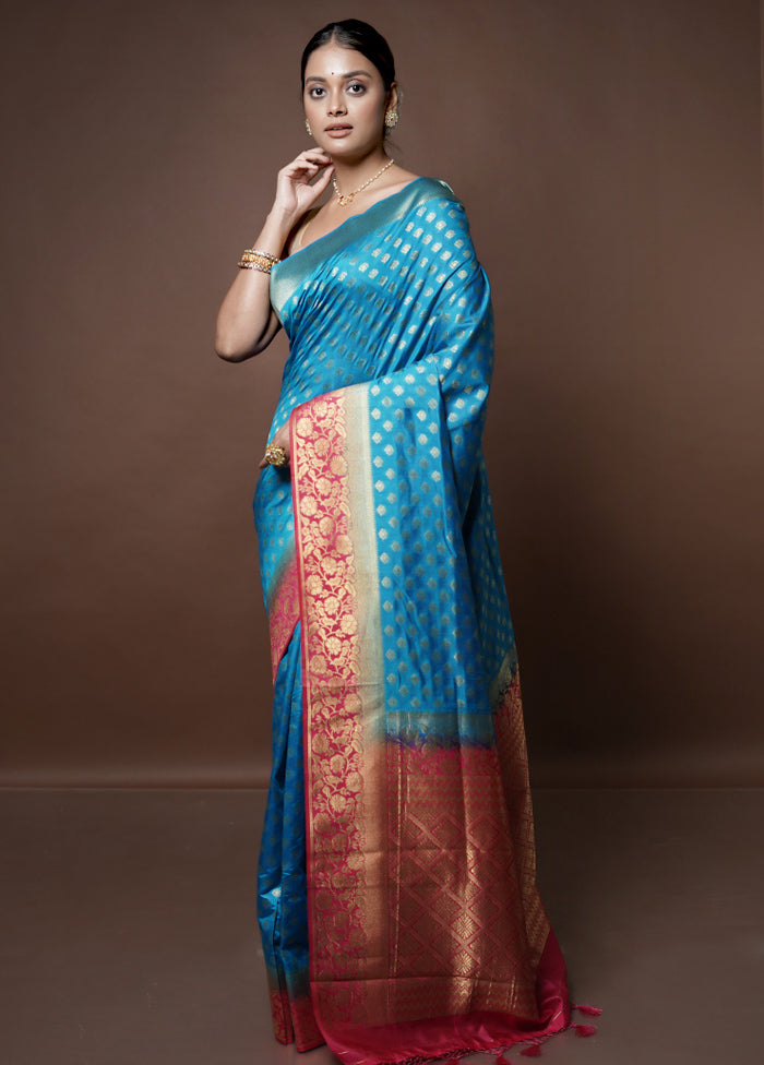 Blue Dupion Silk Saree With Blouse Piece