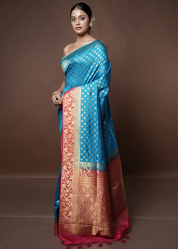 Blue Dupion Silk Saree With Blouse Piece