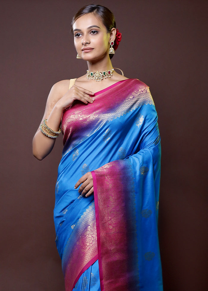 Blue Dupion Silk Saree With Blouse Piece