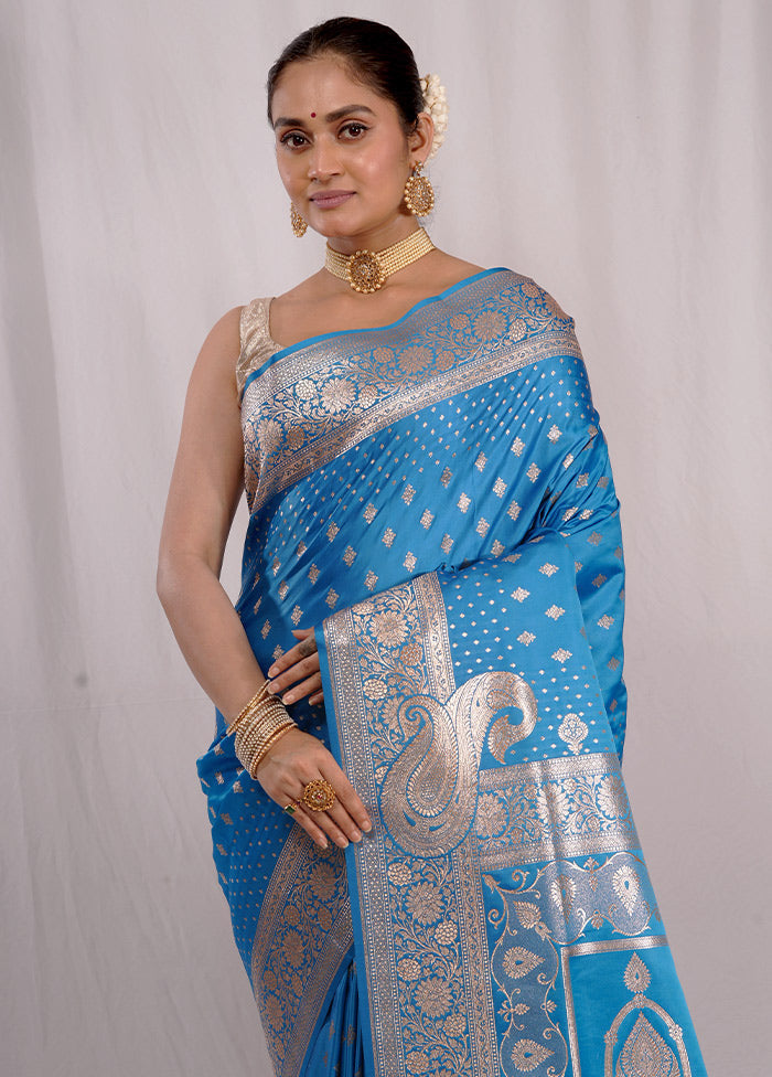 Blue Banarasi Silk Saree With Blouse Piece - Indian Silk House Agencies