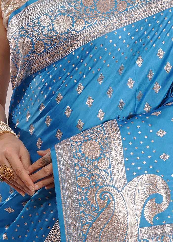 Blue Banarasi Silk Saree With Blouse Piece - Indian Silk House Agencies