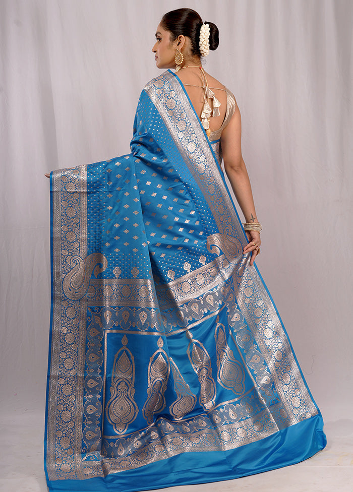 Blue Banarasi Silk Saree With Blouse Piece - Indian Silk House Agencies