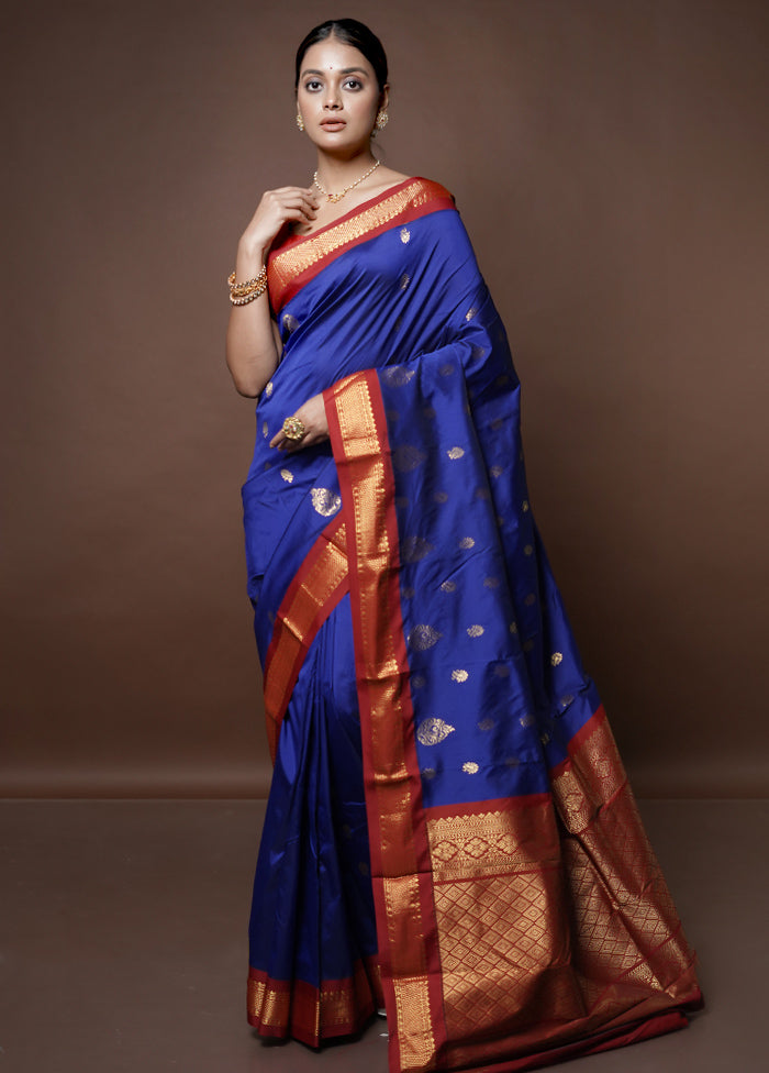 Blue Kanjivaram Silk Saree With Blouse Piece