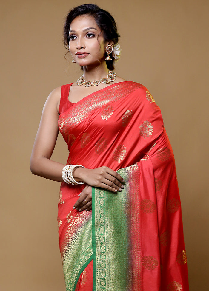 Red Dupion Silk Saree With Blouse Piece