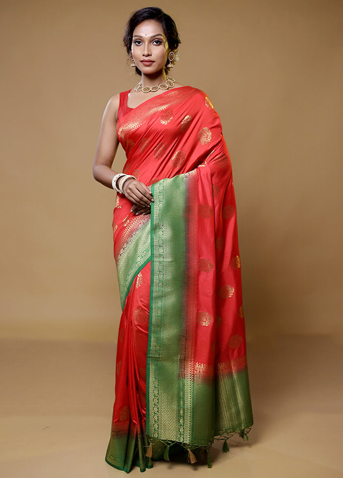 Red Dupion Silk Saree With Blouse Piece