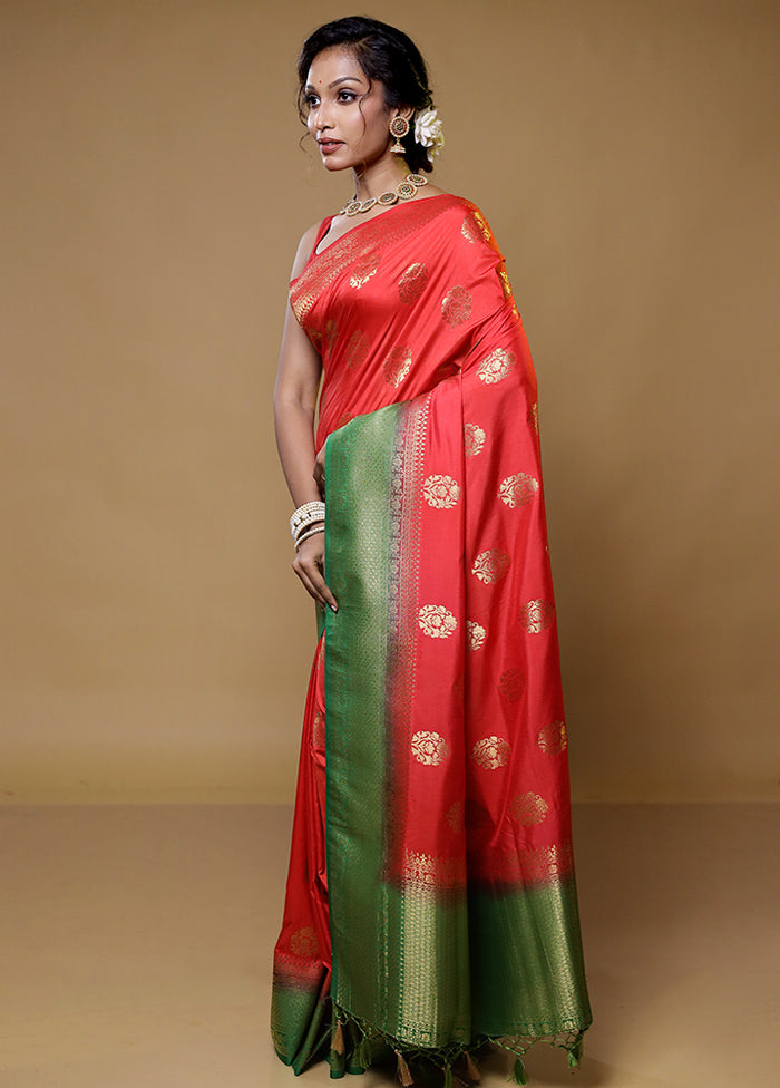 Red Dupion Silk Saree With Blouse Piece