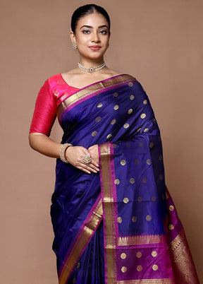 Blue Handloom Kanjivaram Pure Silk Saree With Blouse Piece