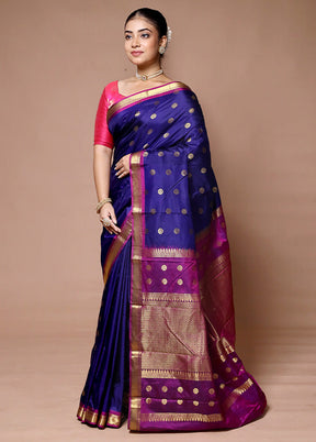 Blue Handloom Kanjivaram Pure Silk Saree With Blouse Piece