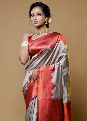 Grey Dupion Silk Saree With Blouse Piece