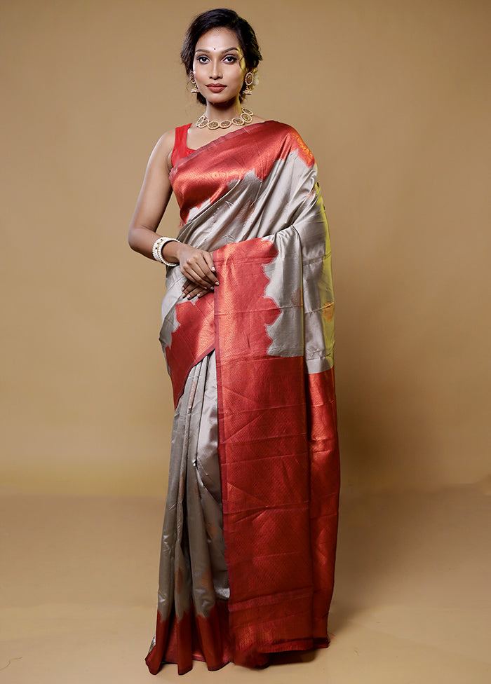 Grey Dupion Silk Saree With Blouse Piece