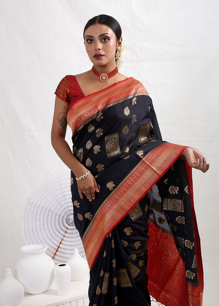 Black Dupion Silk Saree With Blouse Piece - Indian Silk House Agencies