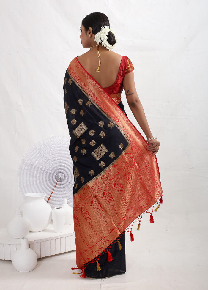 Black Dupion Silk Saree With Blouse Piece - Indian Silk House Agencies