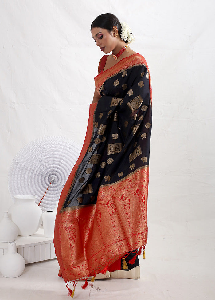 Black Dupion Silk Saree With Blouse Piece - Indian Silk House Agencies