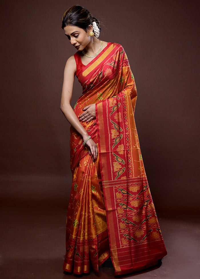 Orange Pochampally Pure Silk Saree With Blouse Piece - Indian Silk House Agencies