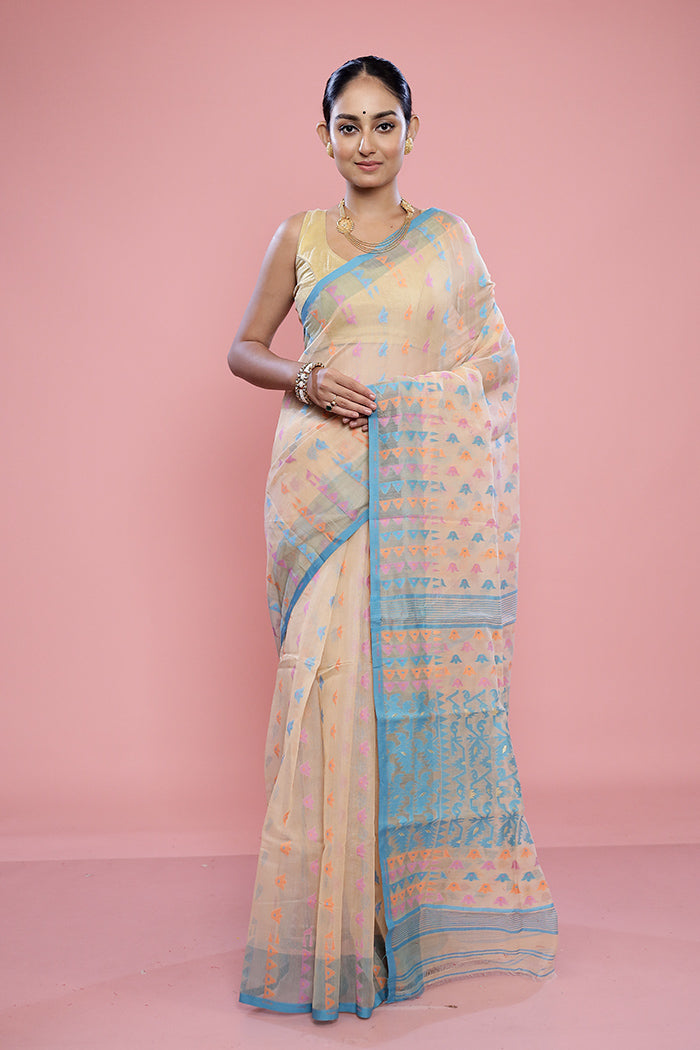 Cream Tant Cotton Saree Without Blouse Piece - Indian Silk House Agencies