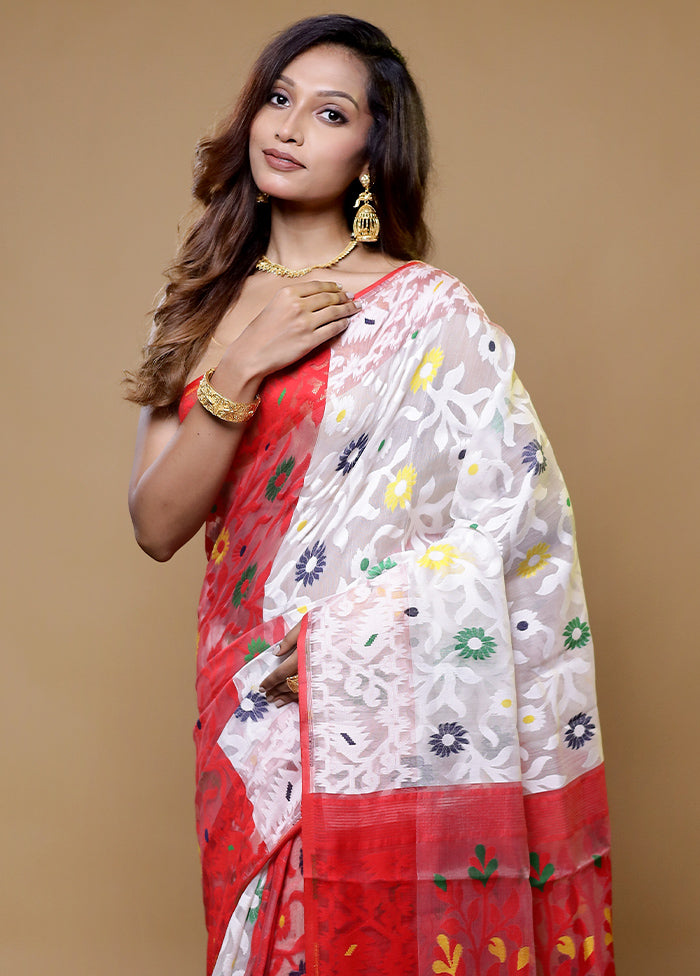 Red Tant Jamdani Saree Without Blouse Piece