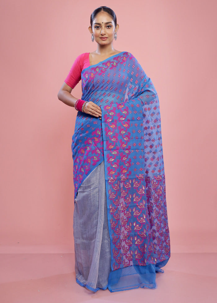 Blue Tant Cotton Saree Without Blouse Piece - Indian Silk House Agencies