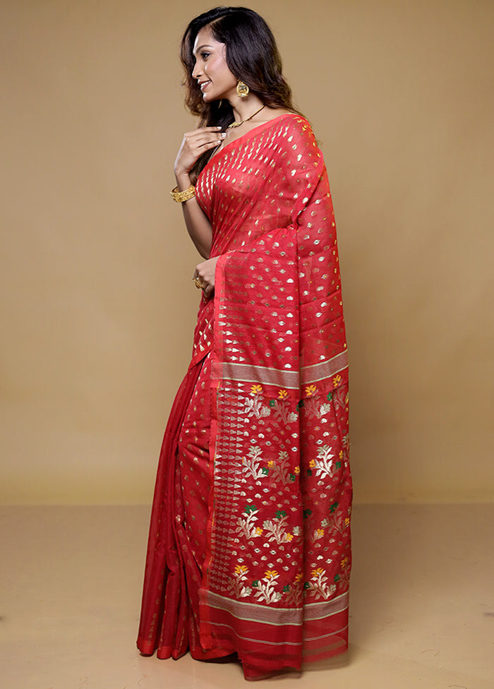 Red Tant Jamdani Saree Without Blouse Piece