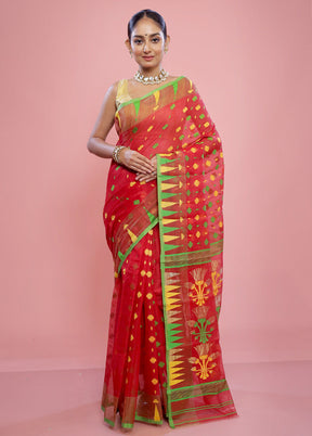 Red Tant Cotton Saree Without Blouse Piece - Indian Silk House Agencies