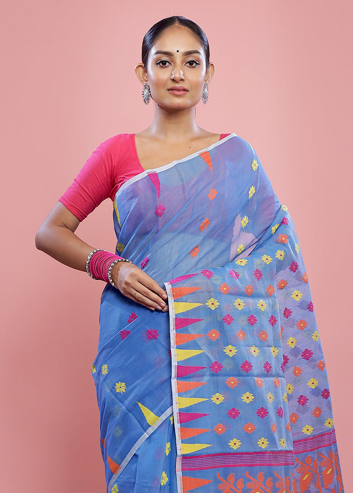 Blue Tant Cotton Saree Without Blouse Piece - Indian Silk House Agencies