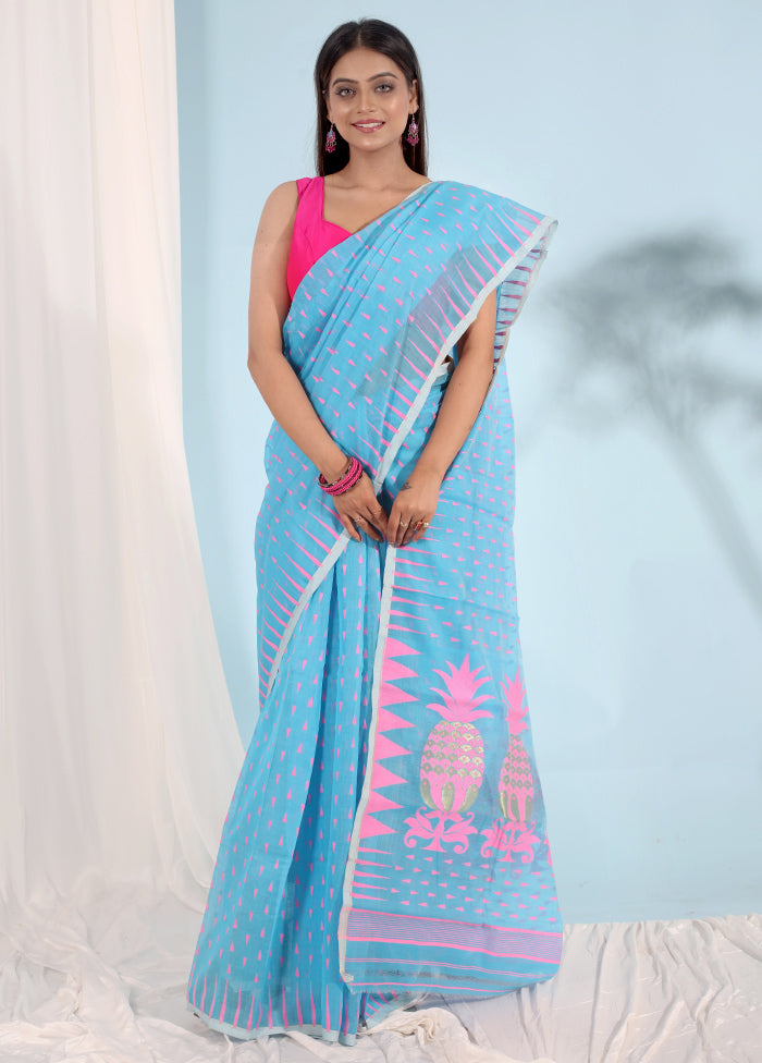 Blue Tant Jamdani Saree Without Blouse Piece - Indian Silk House Agencies