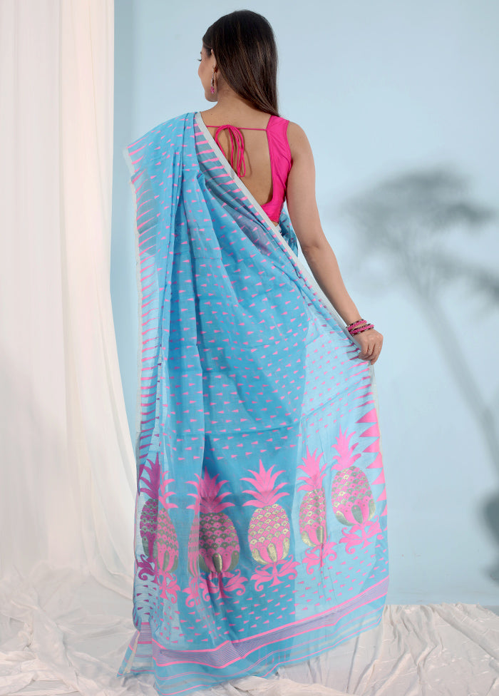 Blue Tant Jamdani Saree Without Blouse Piece - Indian Silk House Agencies