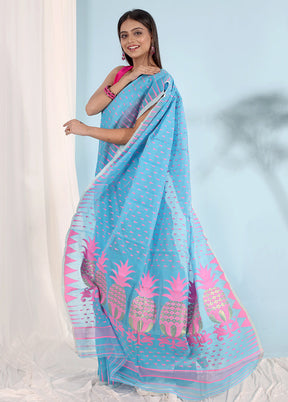 Blue Tant Jamdani Saree Without Blouse Piece - Indian Silk House Agencies