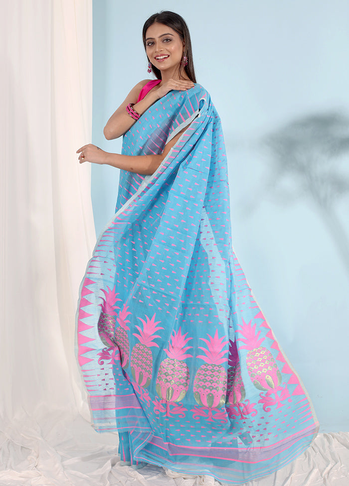 Blue Tant Jamdani Saree Without Blouse Piece - Indian Silk House Agencies