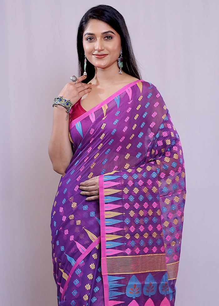 Purple Tant Jamdani Saree Without Blouse Piece - Indian Silk House Agencies