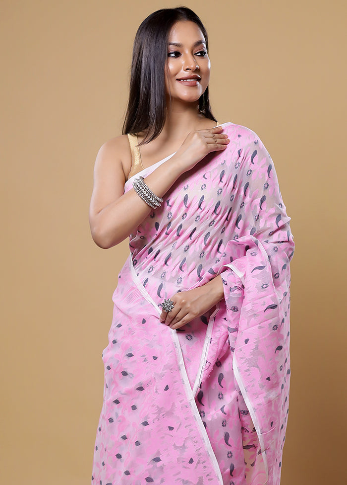 Pink Tant Jamdani Saree Without Blouse Piece