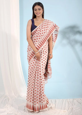 White Tant Jamdani Saree Without Blouse Piece - Indian Silk House Agencies