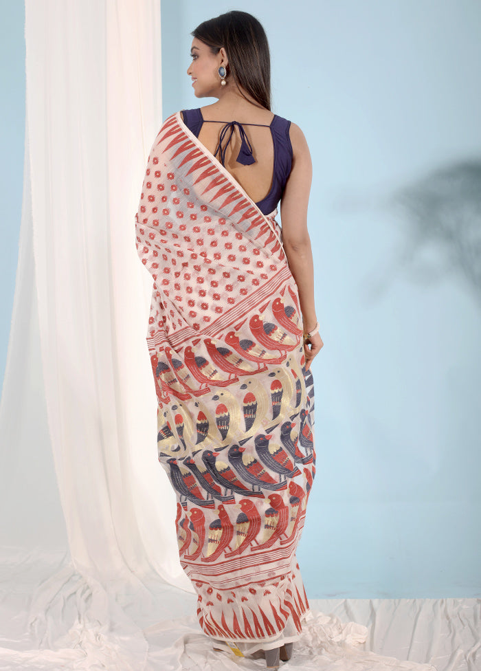 White Tant Jamdani Saree Without Blouse Piece - Indian Silk House Agencies