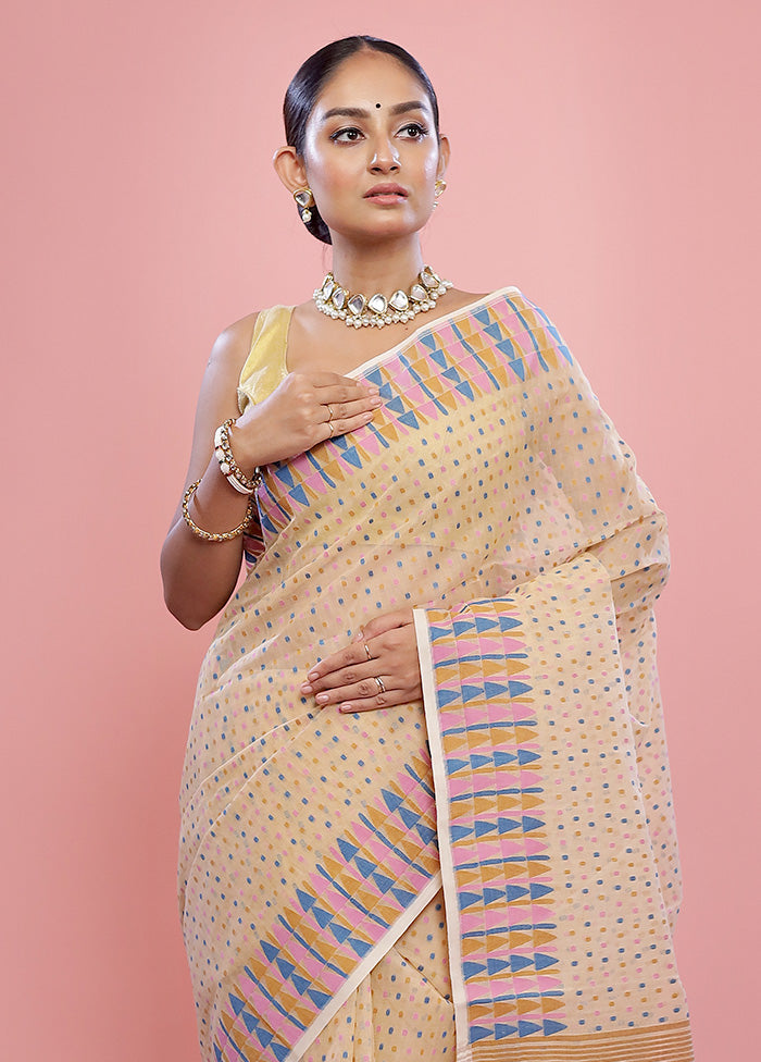 Cream Tant Cotton Saree Without Blouse Piece - Indian Silk House Agencies