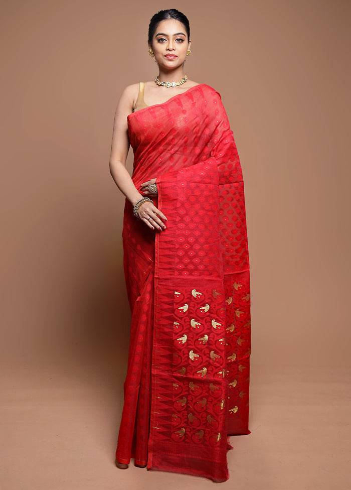 Red Tant Jamdani Saree Without Blouse Piece