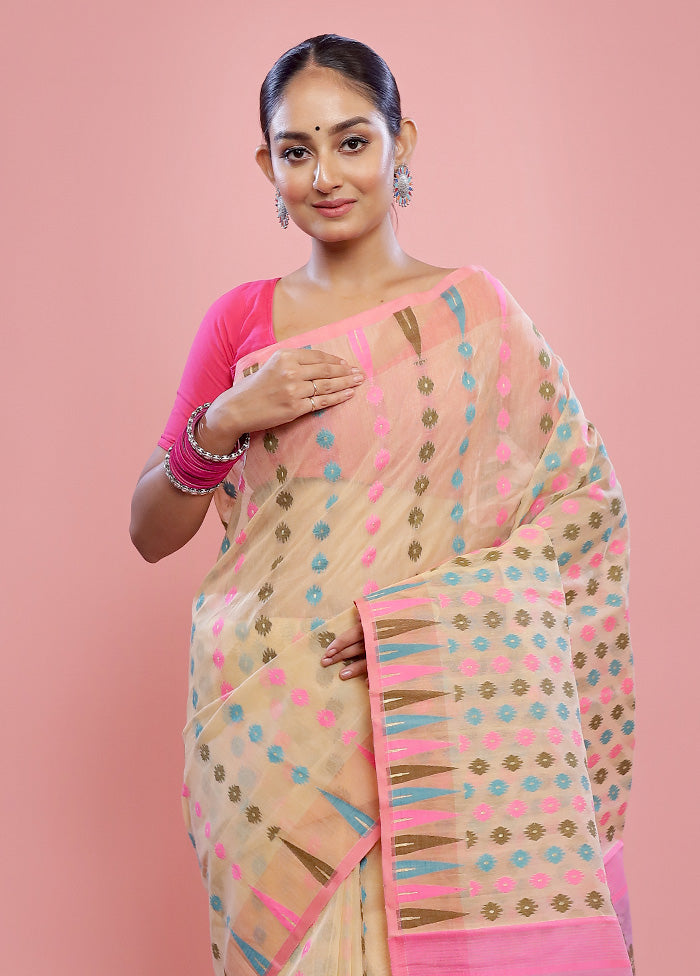 Cream Tant Cotton Saree Without Blouse Piece - Indian Silk House Agencies