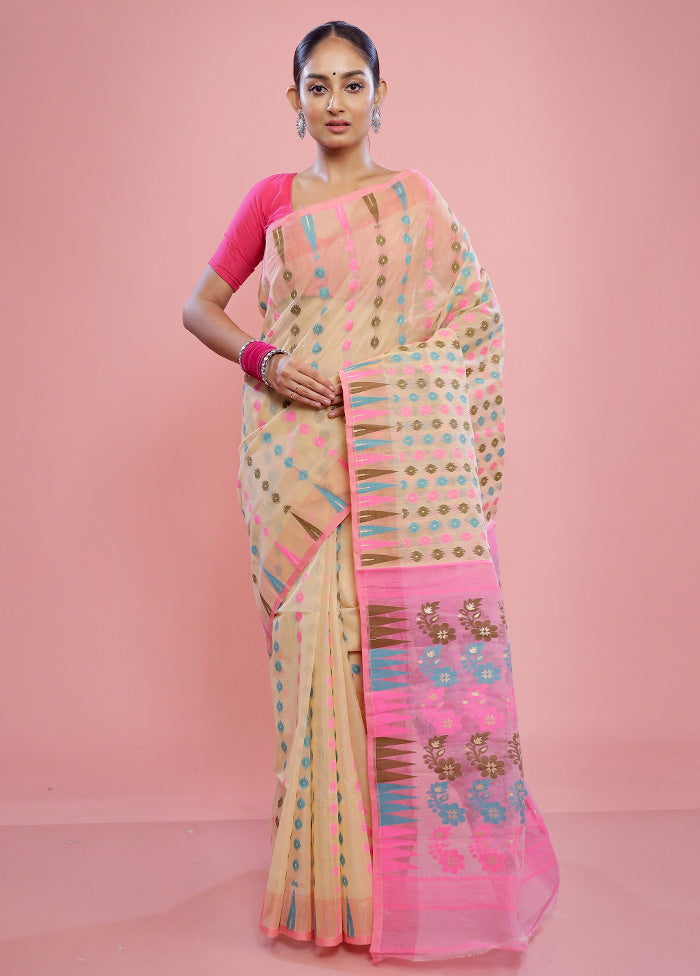 Cream Tant Cotton Saree Without Blouse Piece - Indian Silk House Agencies