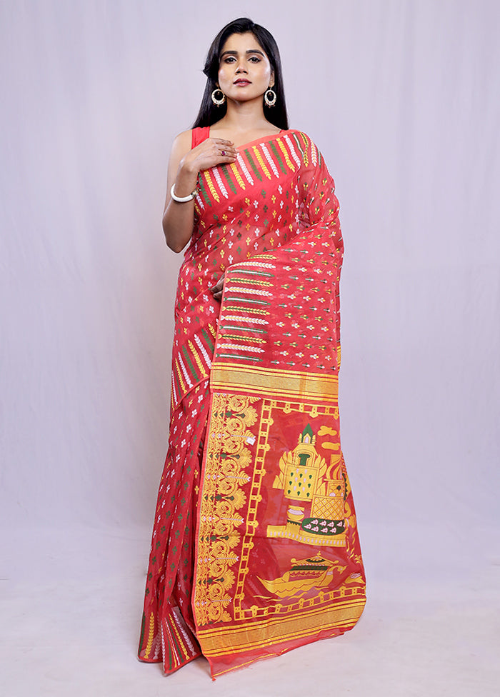 Red Tant Cotton Saree Without Blouse Piece - Indian Silk House Agencies